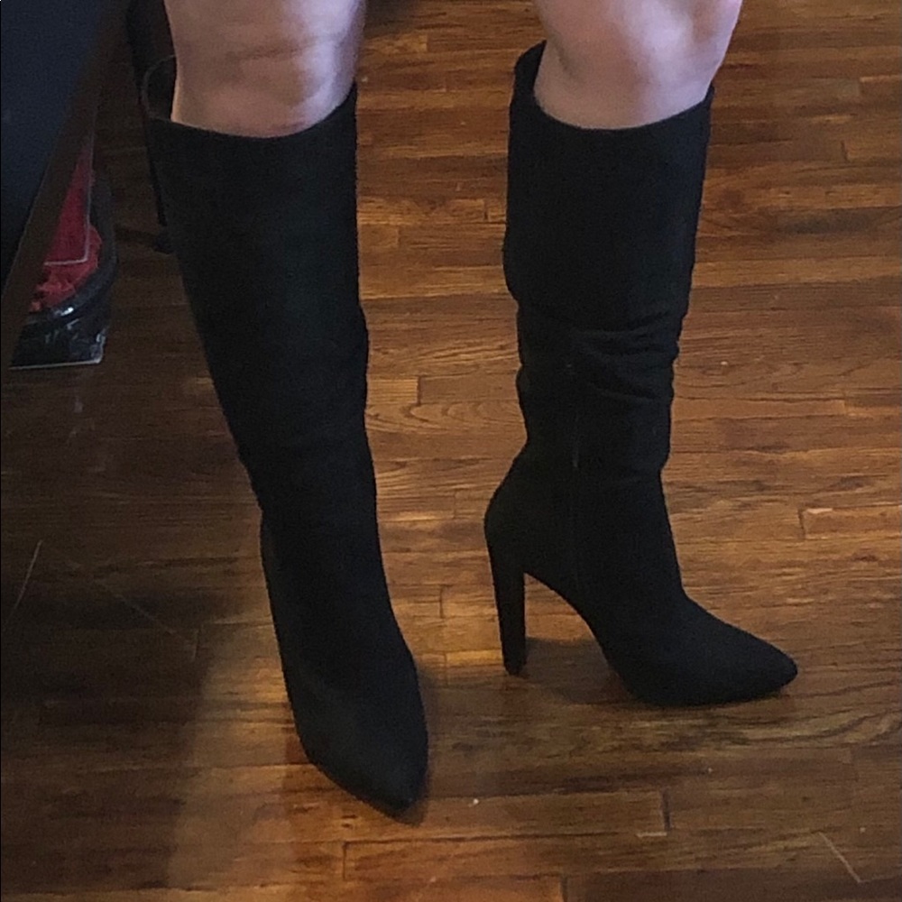 Black knee high faux suede boots